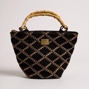 Longaberger Corduroy Tote with Bamboo Handles In Black And Tan